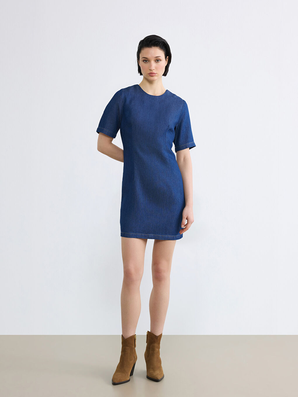 İndigo Bisiklet Yaka Peplum Mini Jean Elbise-1