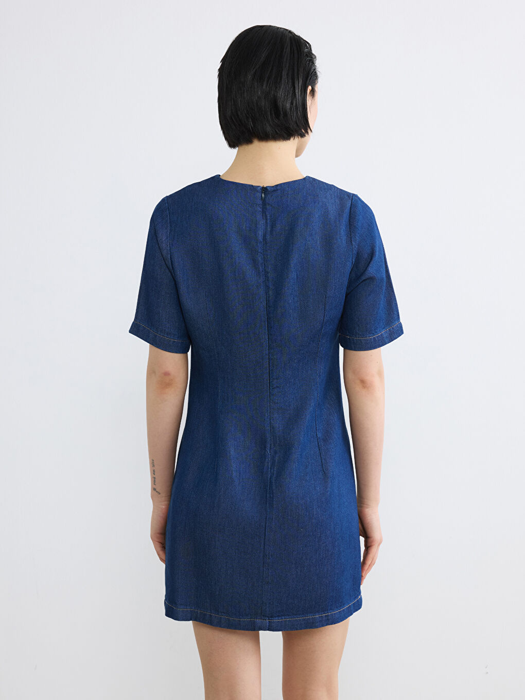 İndigo Bisiklet Yaka Peplum Mini Jean Elbise-3