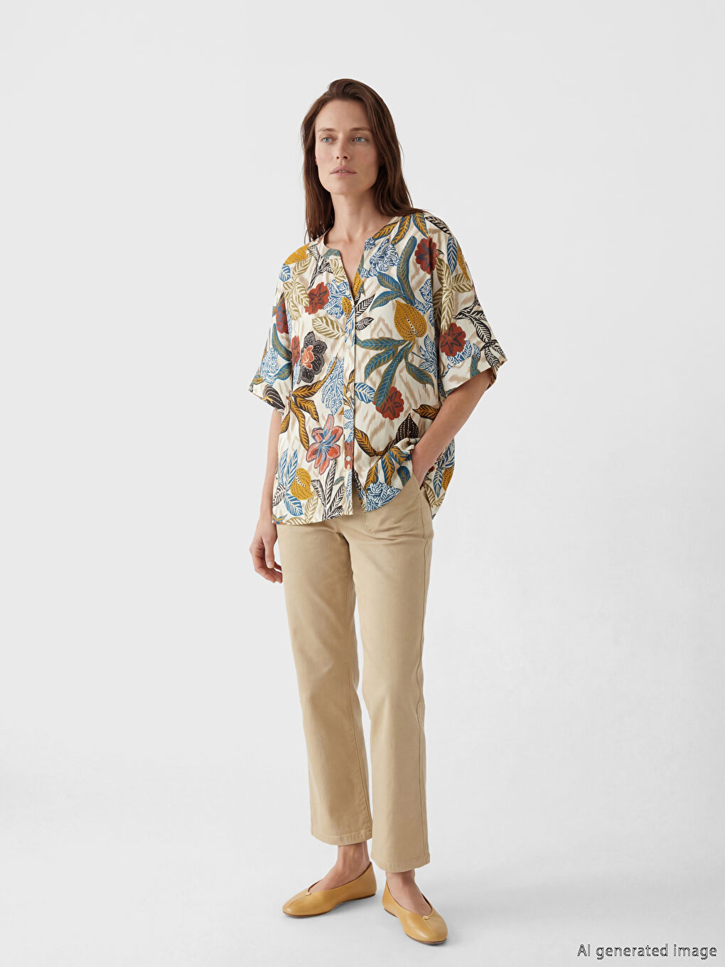 Karışık Kaçık Yaka Çiçekli Oversize Bluz-1