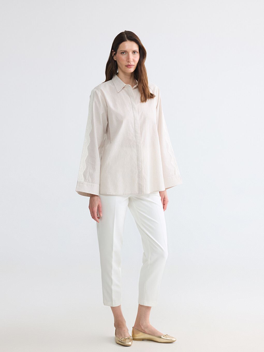 Lace Detailed Striped Poplin Women's Shirt-1