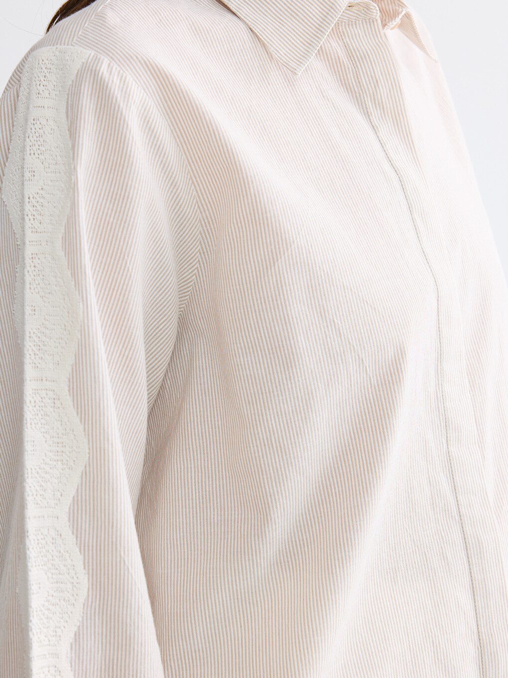 Lace Detailed Striped Poplin Women's Shirt-2