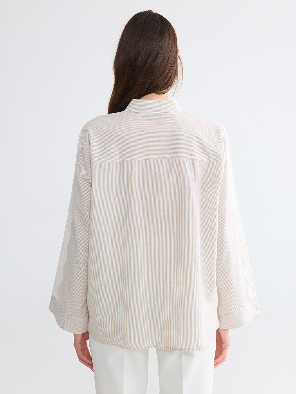 Lace Detailed Striped Poplin Women's Shirt-3