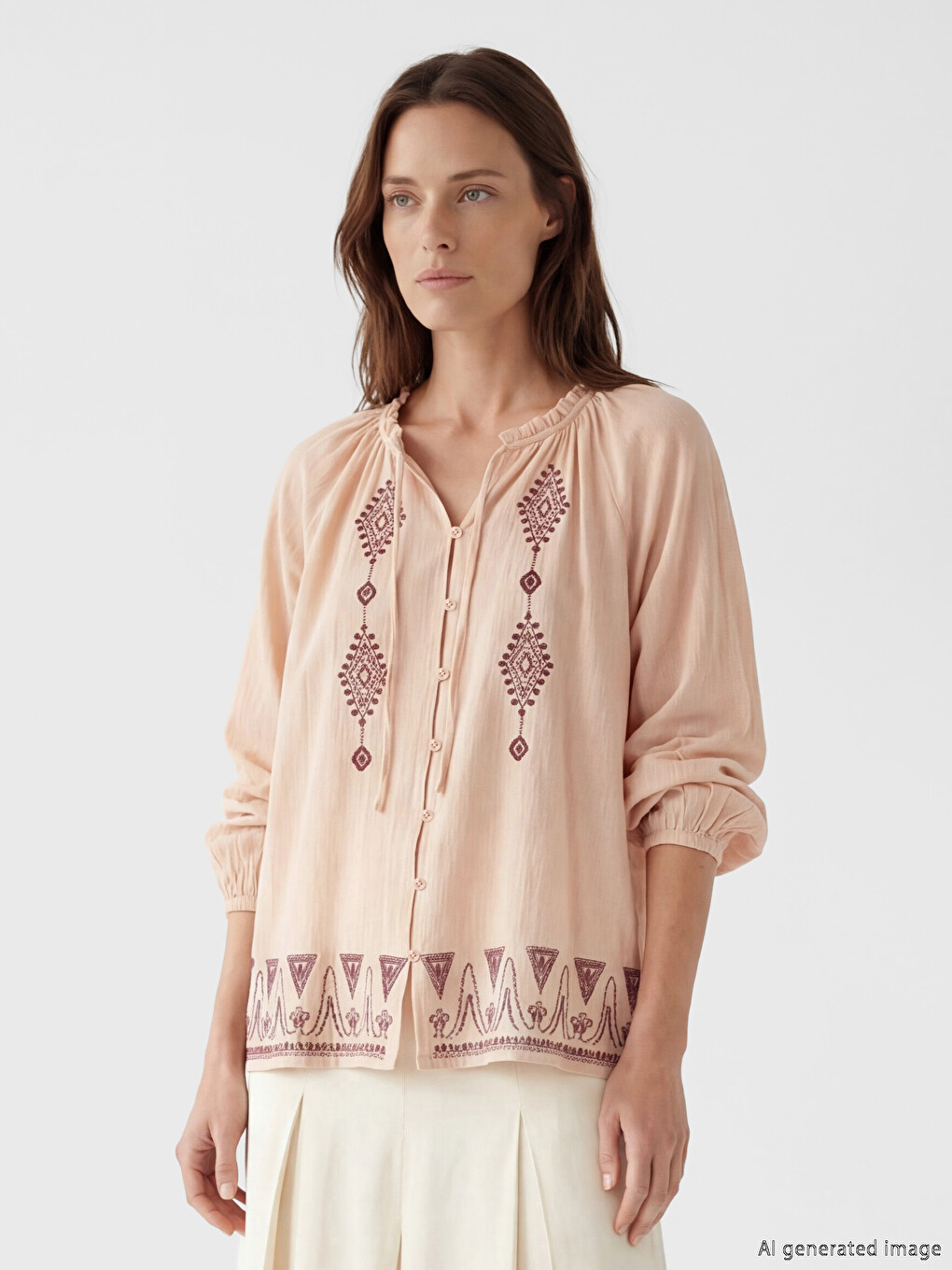 Tie-neck Embroidered Women's Shirt