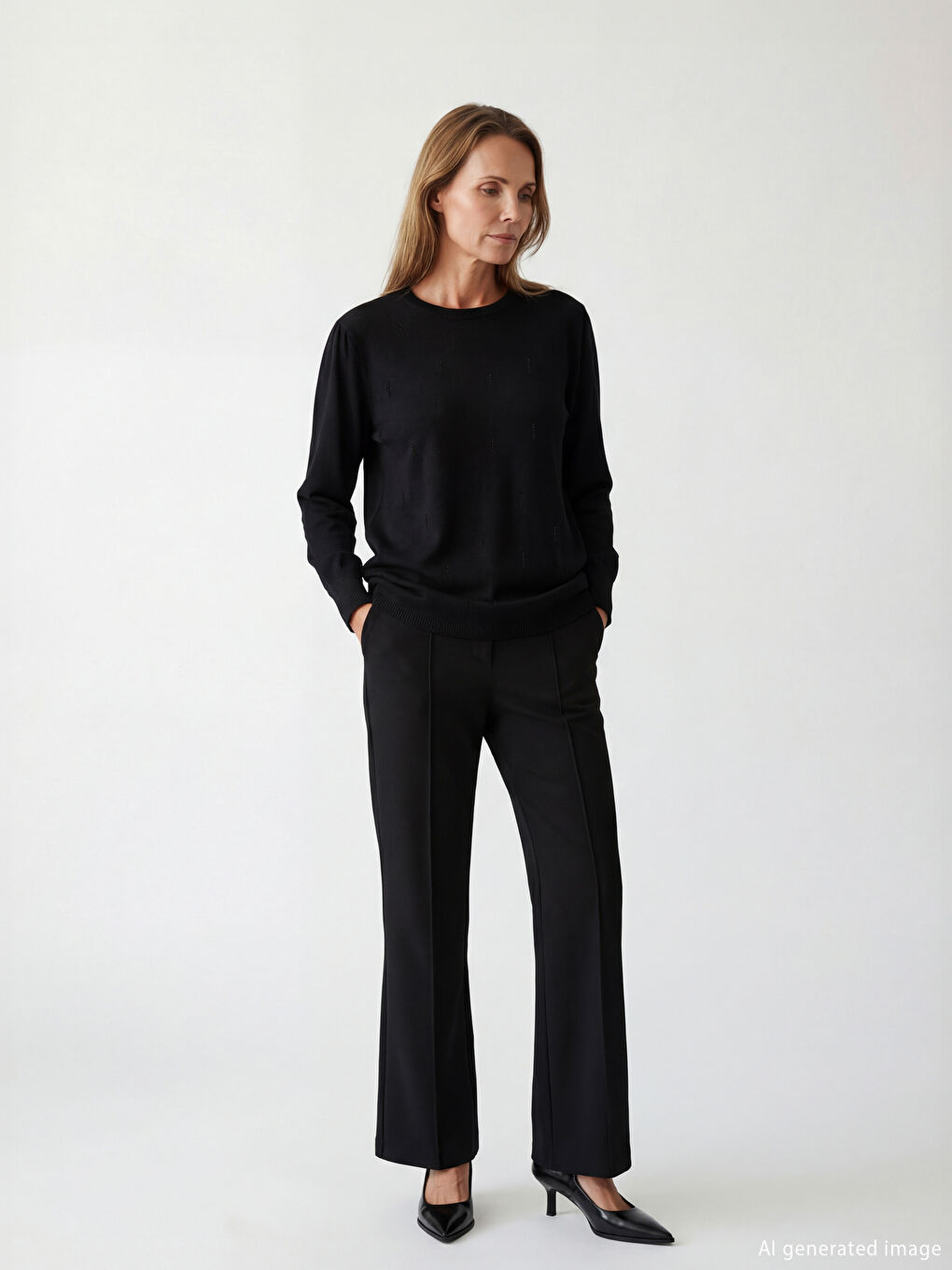 Siyah Bisiklet Yaka Taşlı Kadın Triko Kazak-1