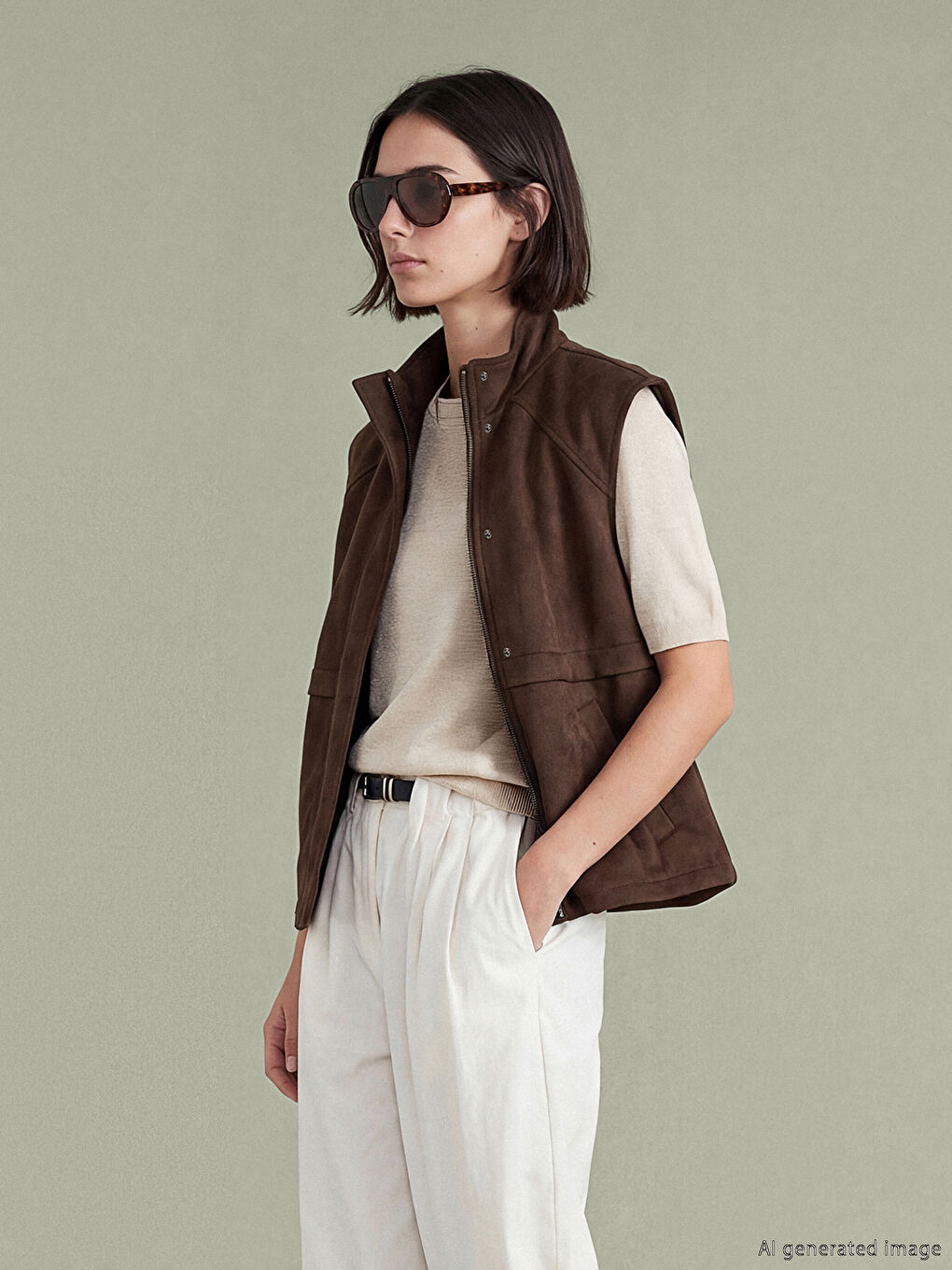 Kahverengi Dik Yaka Oversize Kadın Süet Görünümlü Yelek