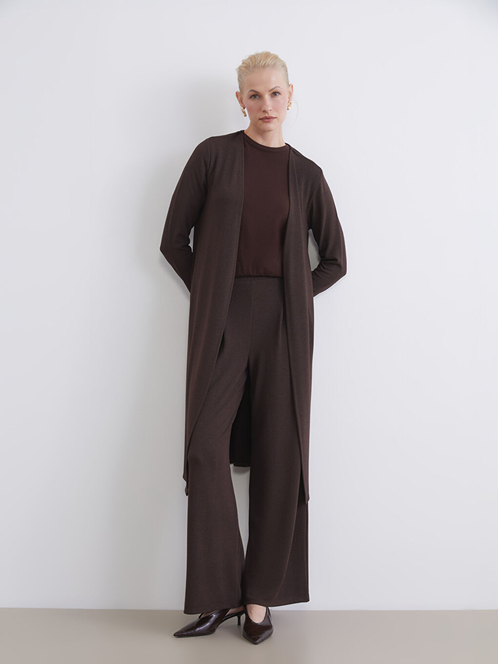 Kahverengi Beli Lastikli Geniş Paça Kadın Pileli Pantolon