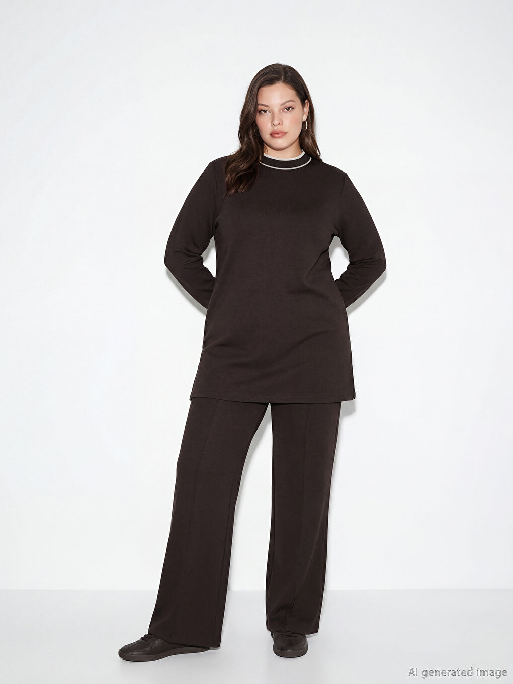 Kahverengi Beli Lastikli Geniş Paça Kadın Pileli Pantolon-1