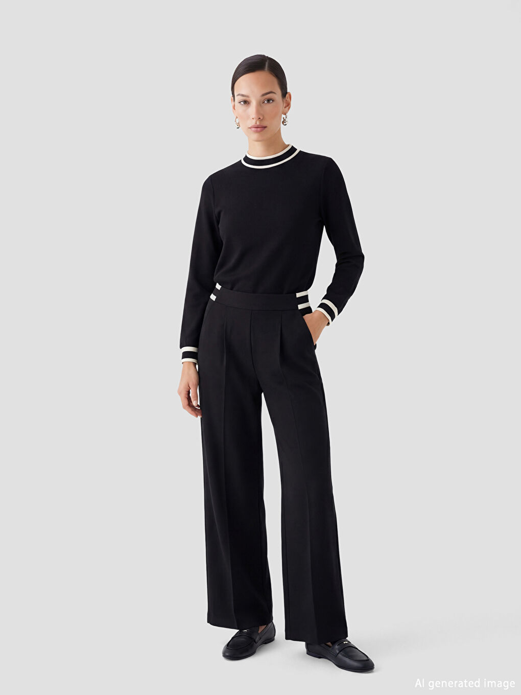 Siyah Beli Lastikli Geniş Paça Kadın Pileli Pantolon-1