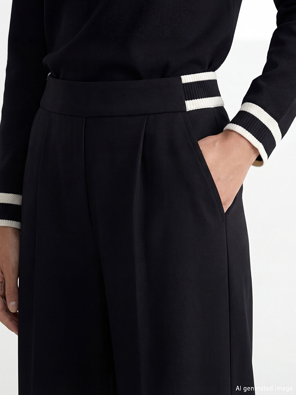 Siyah Beli Lastikli Geniş Paça Kadın Pileli Pantolon-5
