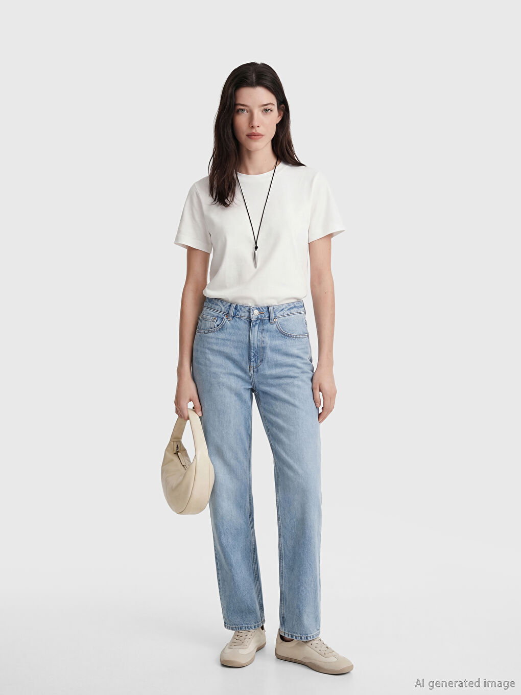 Beyaz Bisiklet Yaka Kadın Tişört-1