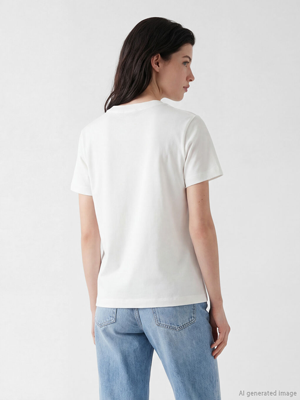 Beyaz Bisiklet Yaka Kadın Tişört-2