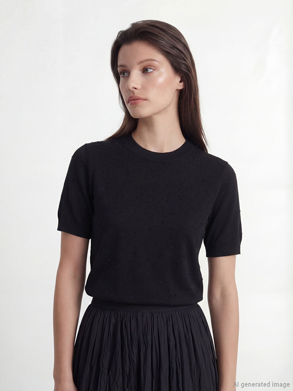 Siyah Bisiklet Yaka Taşlı Kadın Triko Kazak