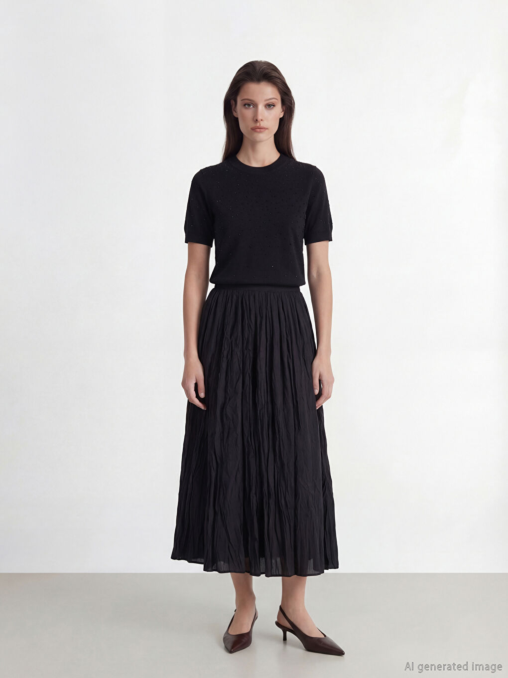 Siyah Bisiklet Yaka Taşlı Kadın Triko Kazak-1