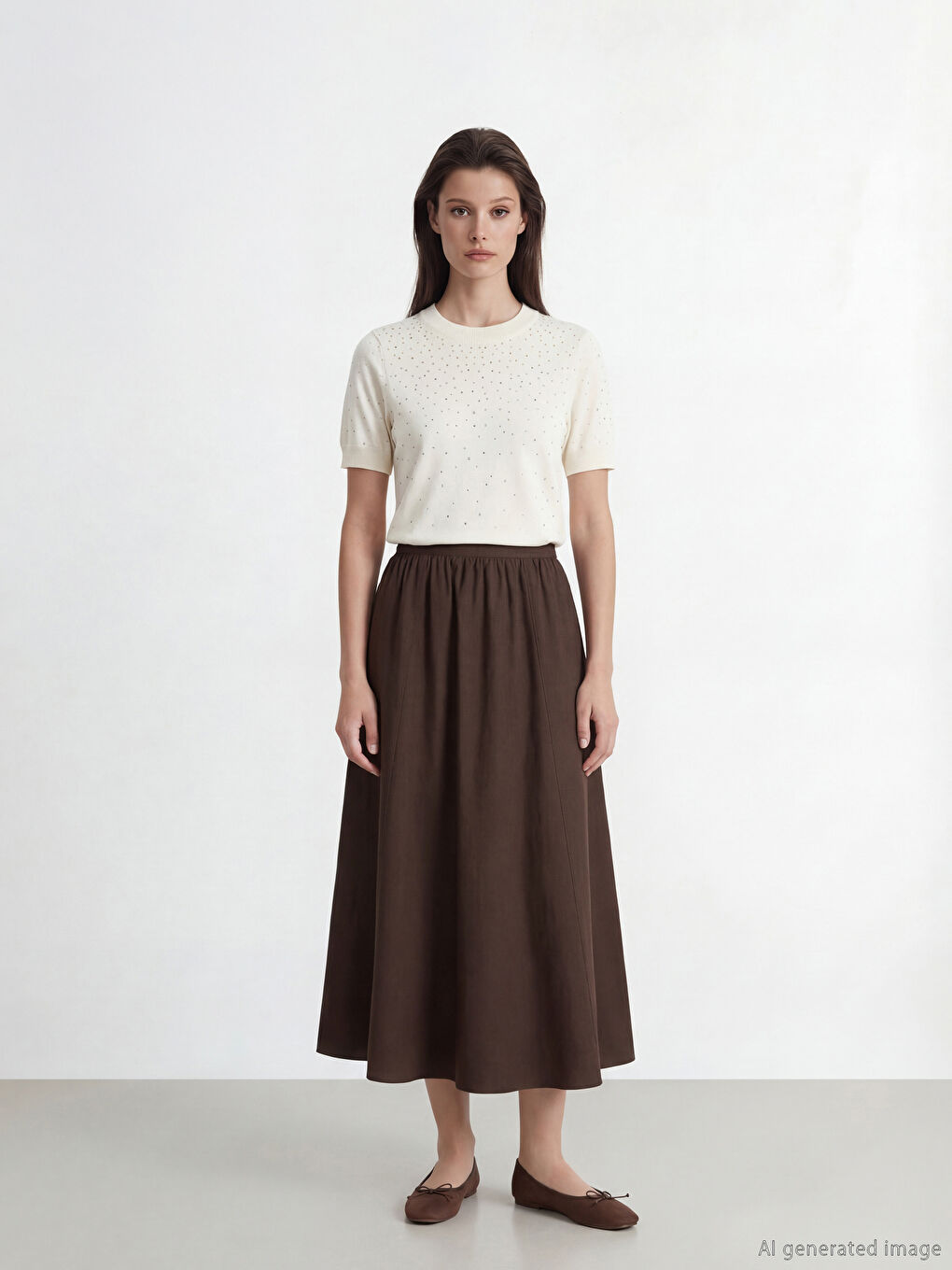 Ekru Bisiklet Yaka Taşlı Kadın Triko Kazak-1