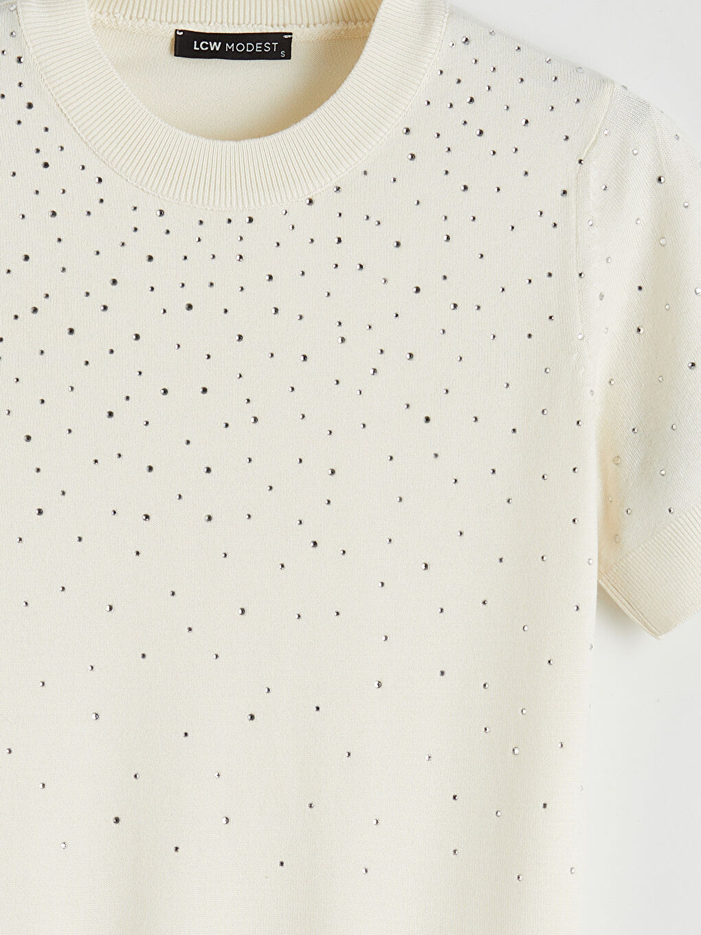 Ekru Bisiklet Yaka Taşlı Kadın Triko Kazak-3