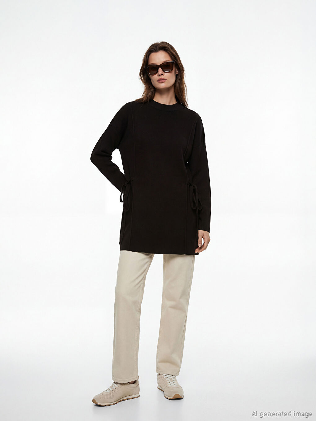 Siyah Bisiklet Yaka Oversize Kadın Triko Tunik-1