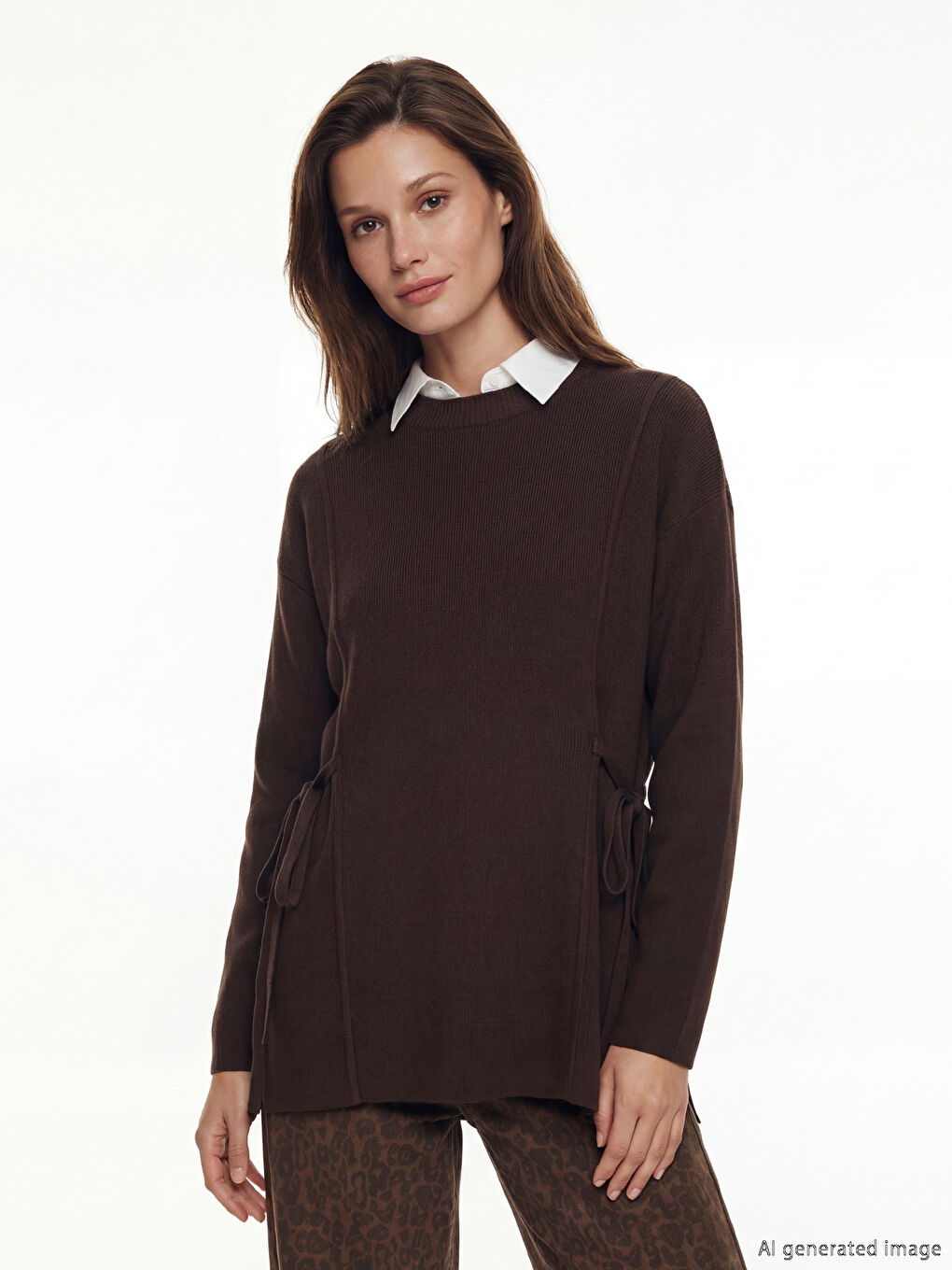 Kahverengi Bisiklet Yaka Kadın Triko Tunik