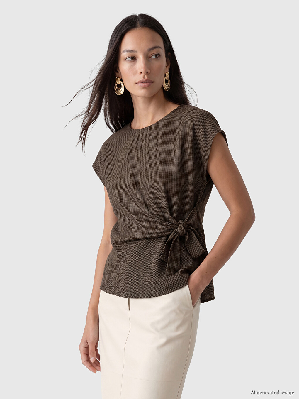 Crew Neck Tie-Up Ruched Blouse