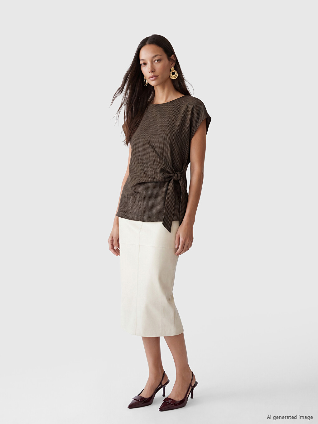 Crew Neck Tie-Up Ruched Blouse-1