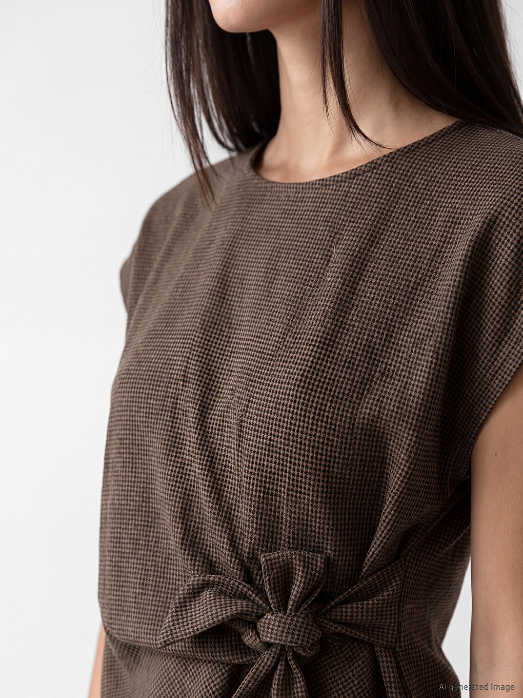 Crew Neck Tie-Up Ruched Blouse-2