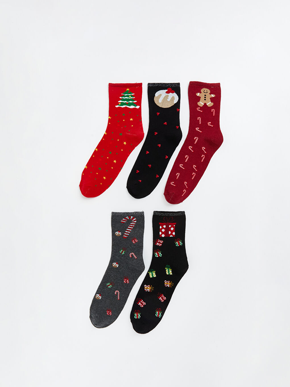 Kırmızı Yılbaşı Temalı Kadın Soket Çorap  5'li-1