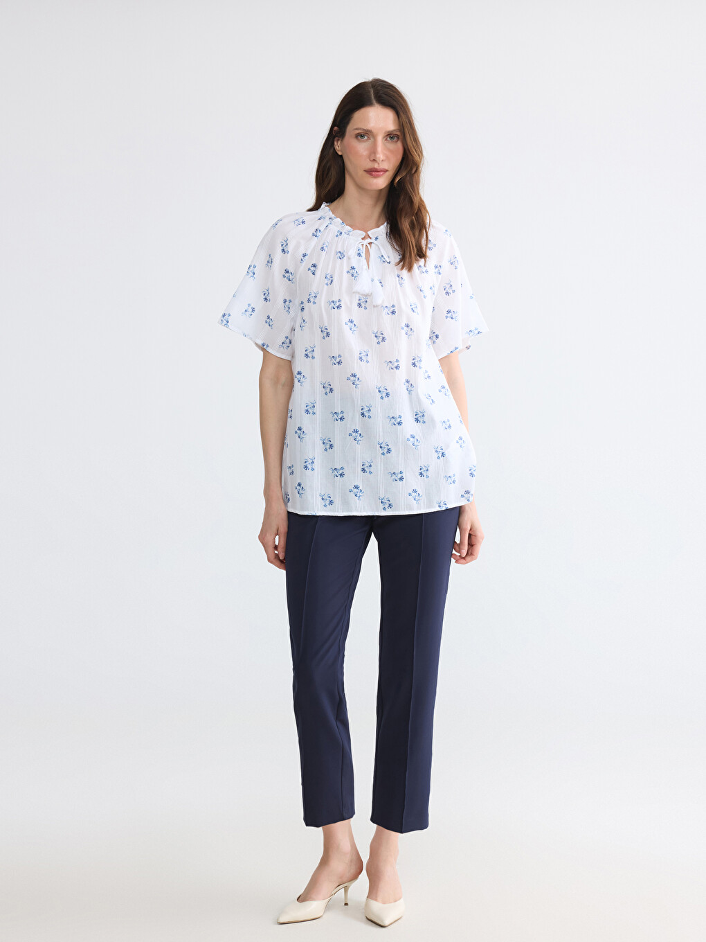 Tie Neck 100% Cotton Floral Blouse-1