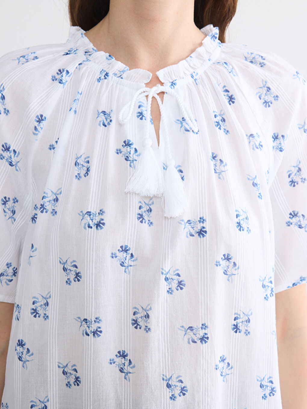 Tie Neck 100% Cotton Floral Blouse-2