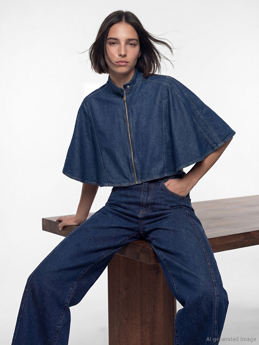 Lacivert Dik Yaka Kadın Jean Panço