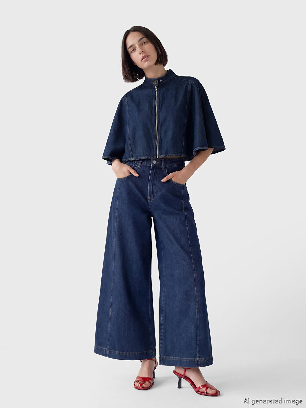 Lacivert Dik Yaka Kadın Jean Panço-3