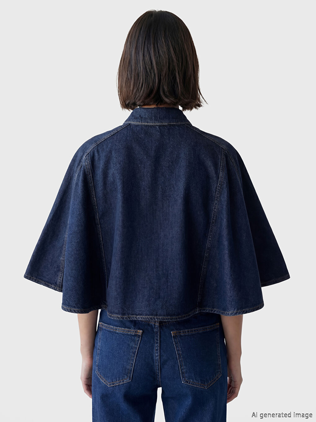 Lacivert Dik Yaka Kadın Jean Panço-7