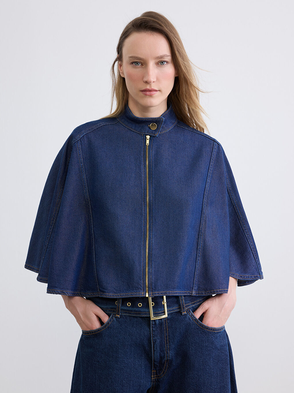 Lacivert Dik Yaka Kadın Jean Panço-1