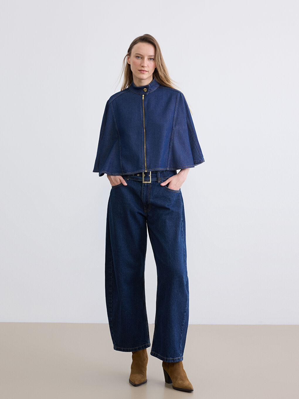 Lacivert Dik Yaka Kadın Jean Panço-2