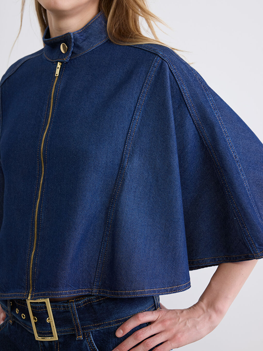 Lacivert Dik Yaka Kadın Jean Panço-4