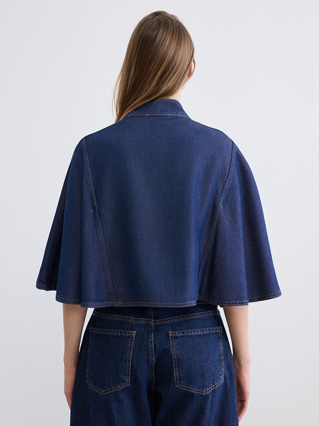 Lacivert Dik Yaka Kadın Jean Panço-6