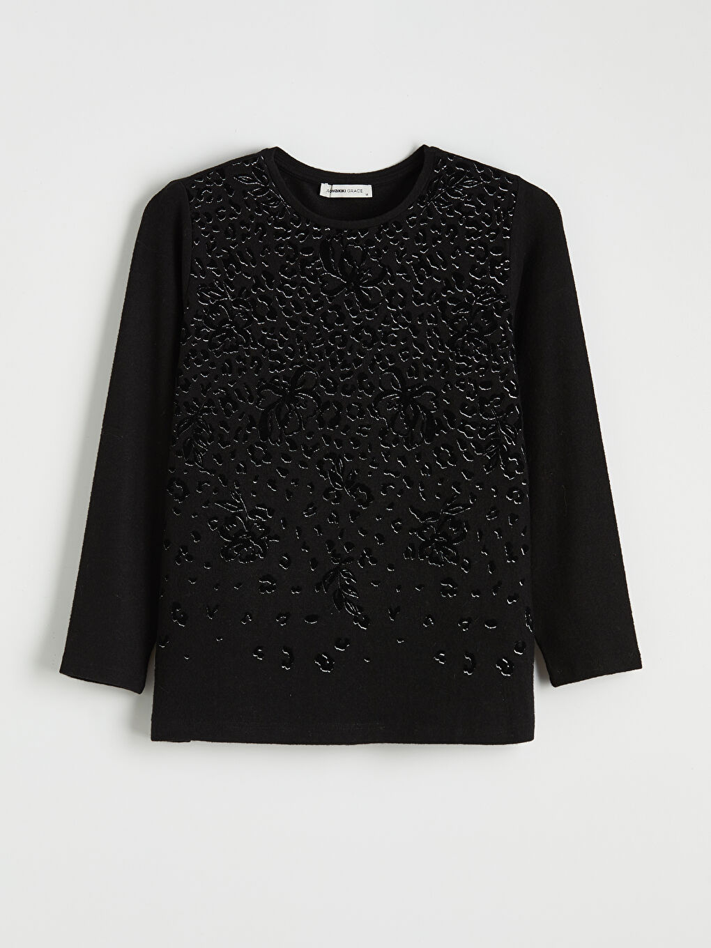 Siyah Bisiklet Yaka Desenli Kadın Tişört