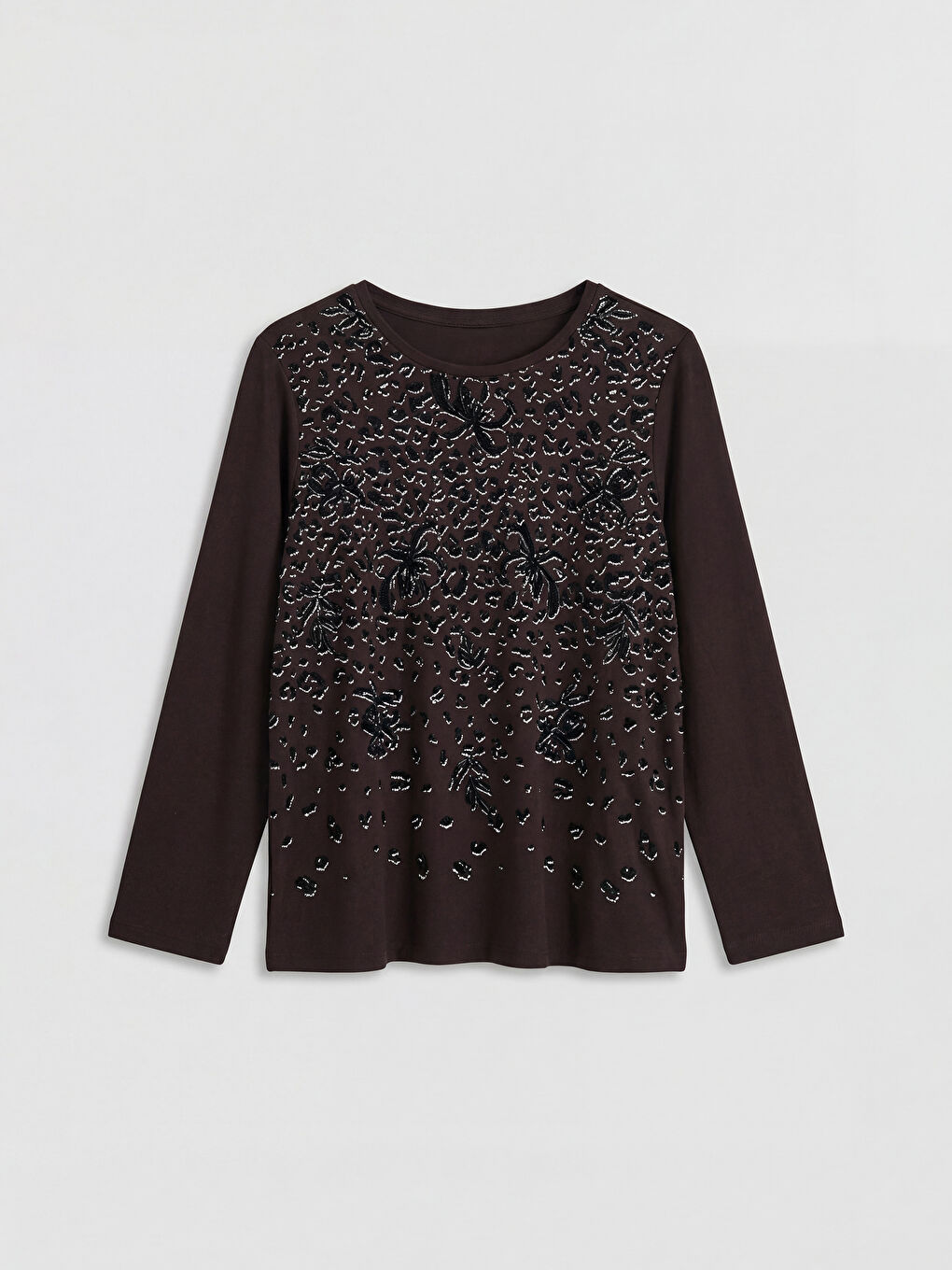 Kahverengi Bisiklet Yaka Desenli Kadın Tişört	