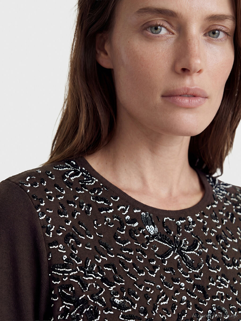 Kahverengi Bisiklet Yaka Desenli Kadın Tişört	-2