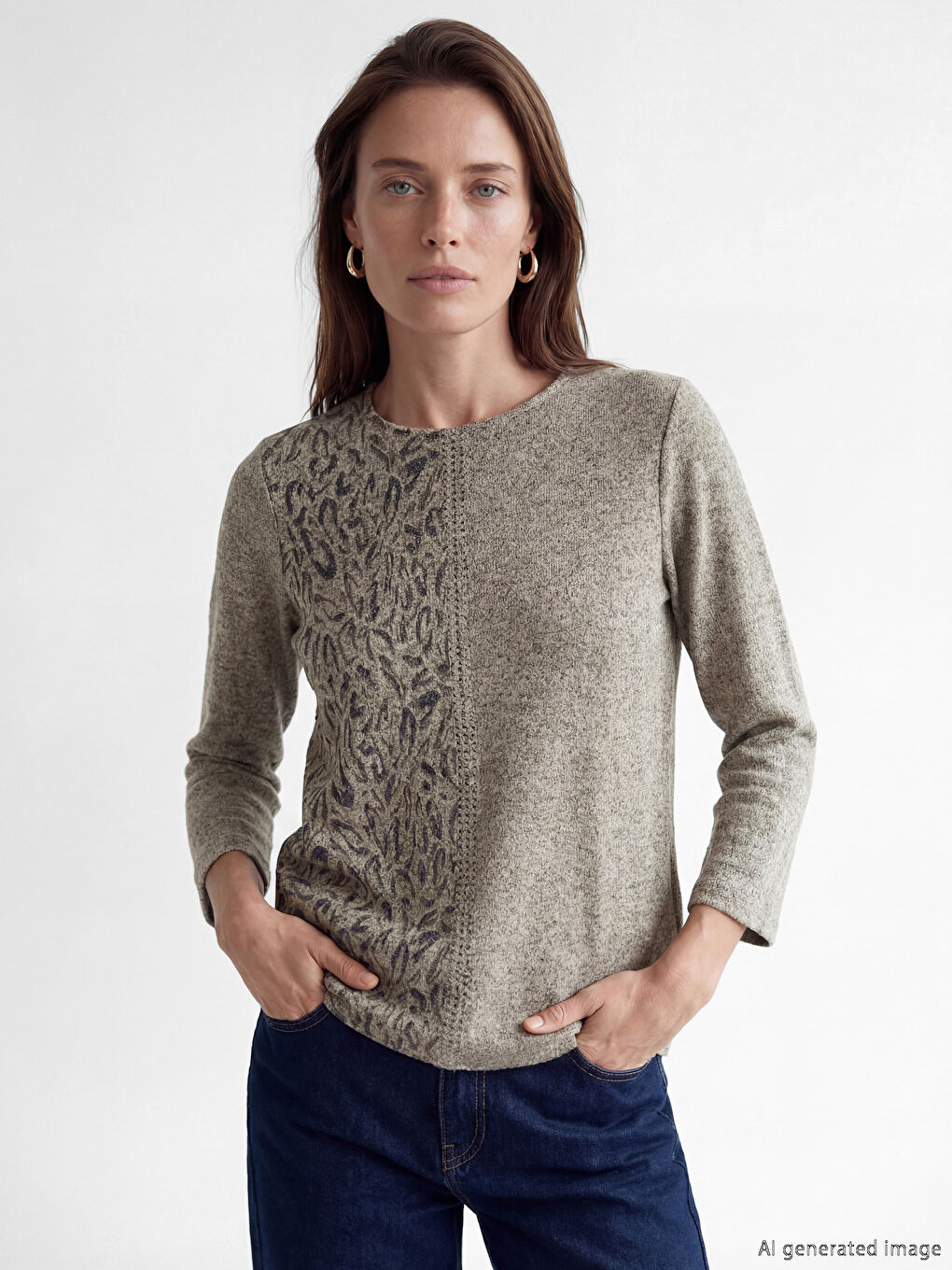 Bej Bisiklet Yaka Desenli Bluz