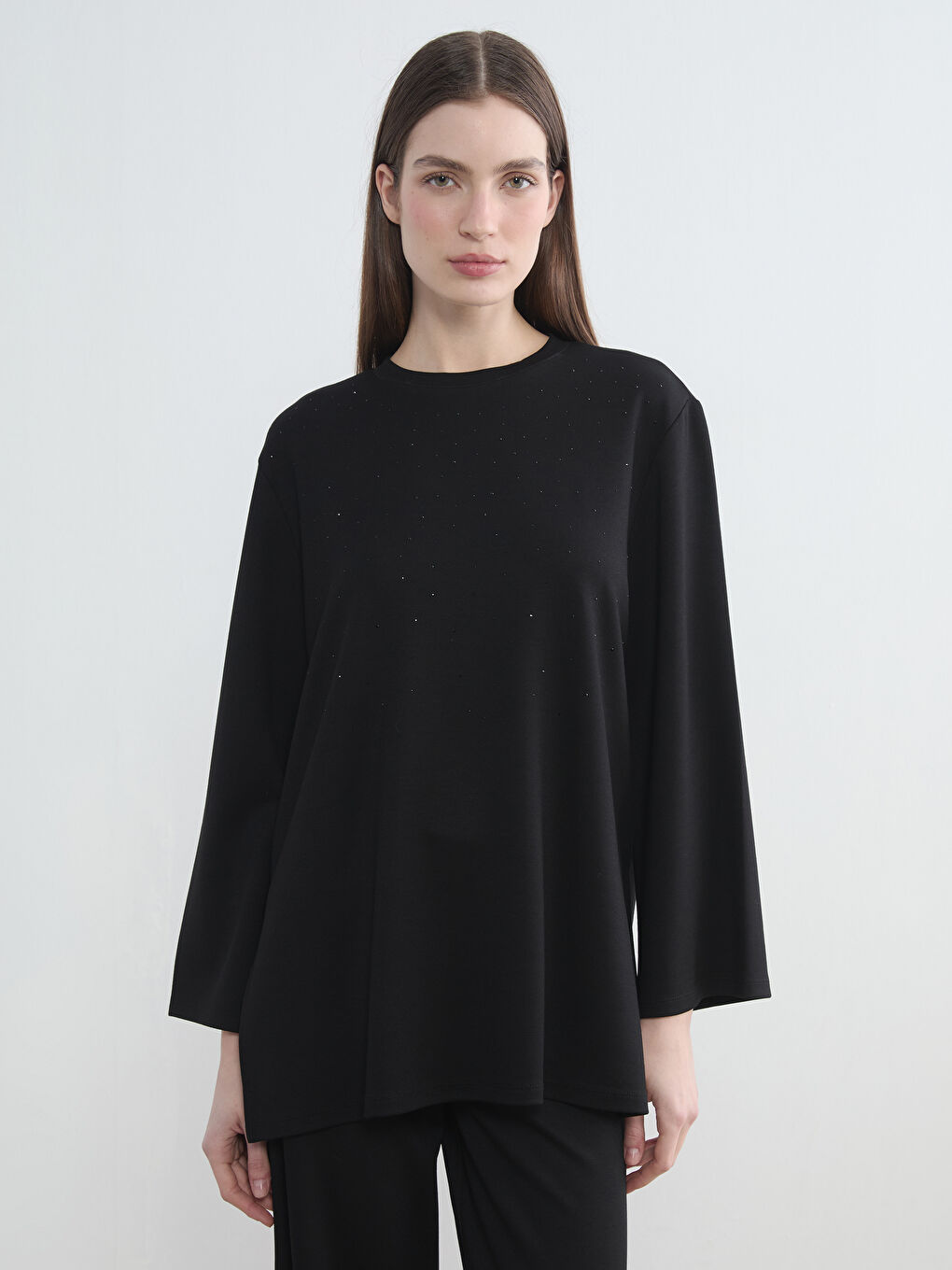 Siyah Taşlı Soft Touch Oversize Kadın Sweatshirt Tunik