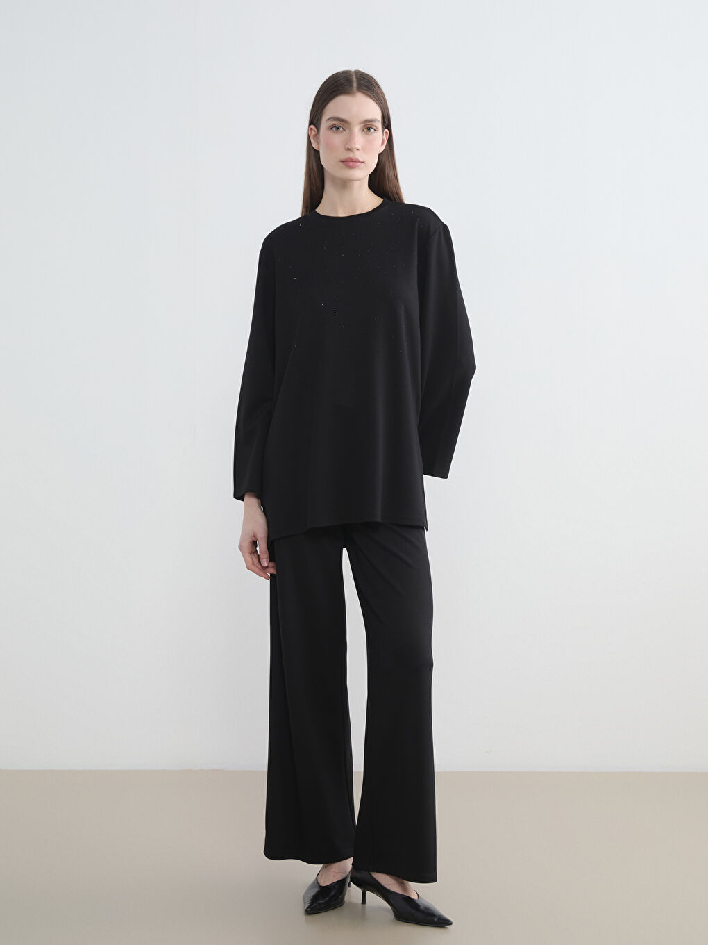 Siyah Taşlı Soft Touch Oversize Kadın Sweatshirt Tunik-1