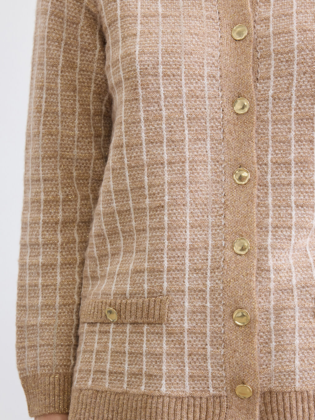 Ekru Bisiklet Yaka Ekose Kadın Triko Hırka-2