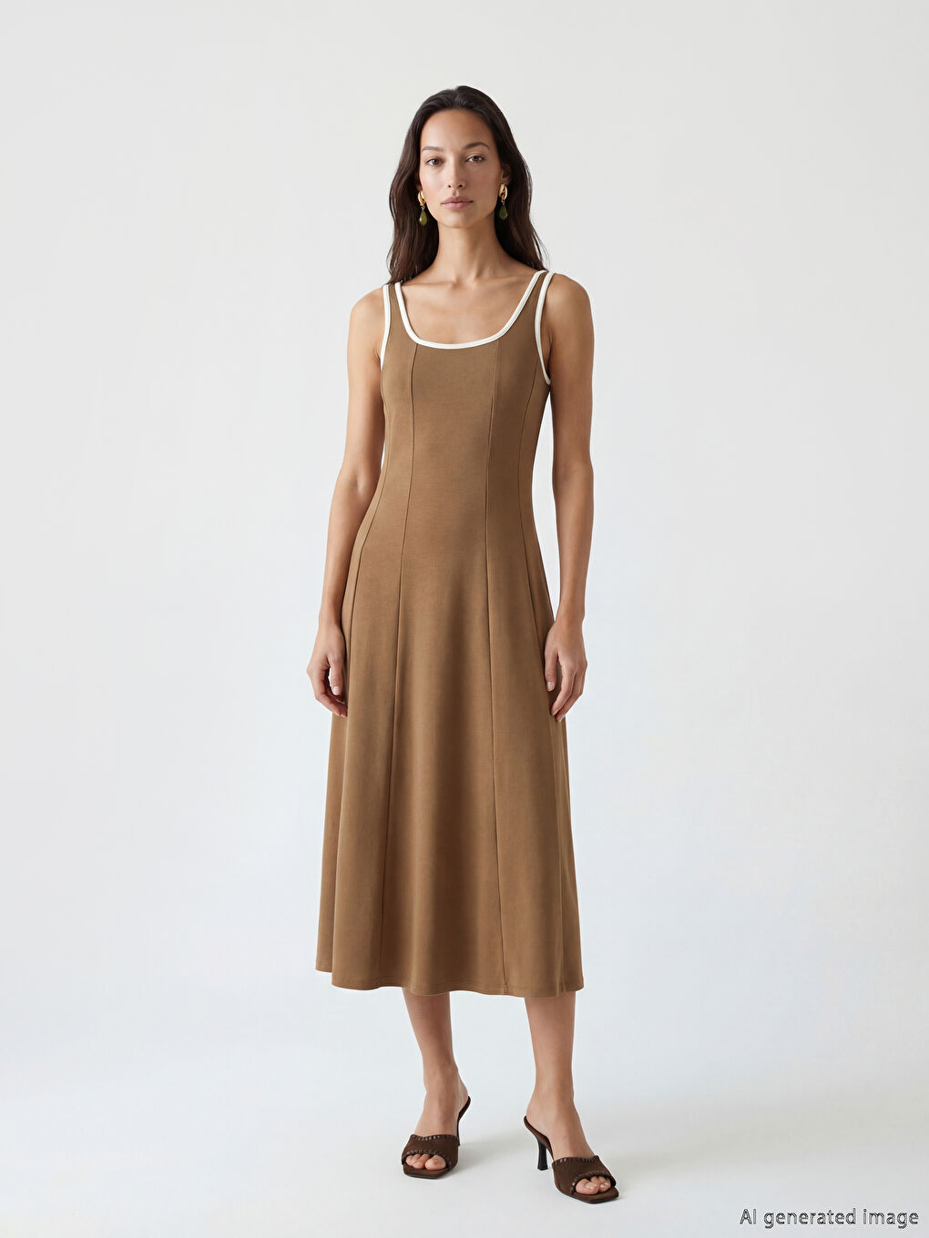 Kahverengi U Yaka Askılı Peplum Elbise-2