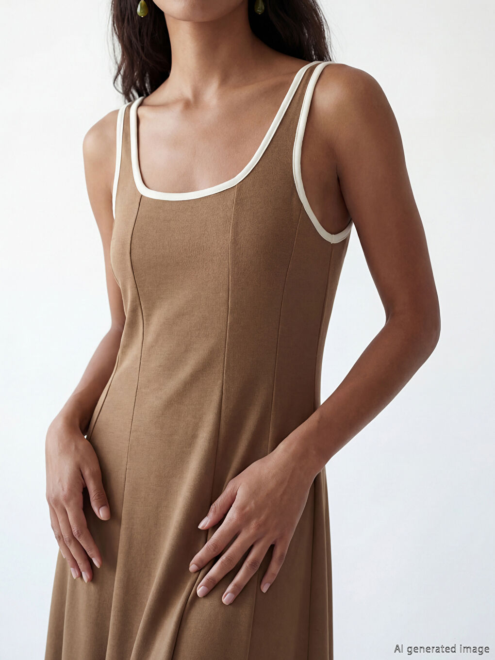 Kahverengi U Yaka Askılı Peplum Elbise-3