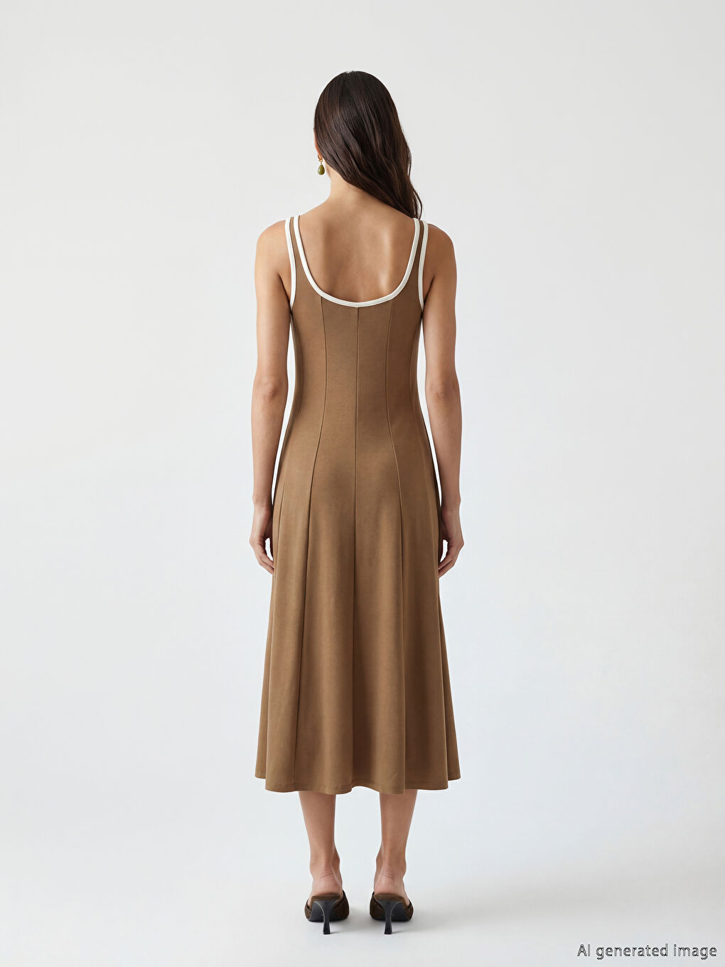 Kahverengi U Yaka Askılı Peplum Elbise-4