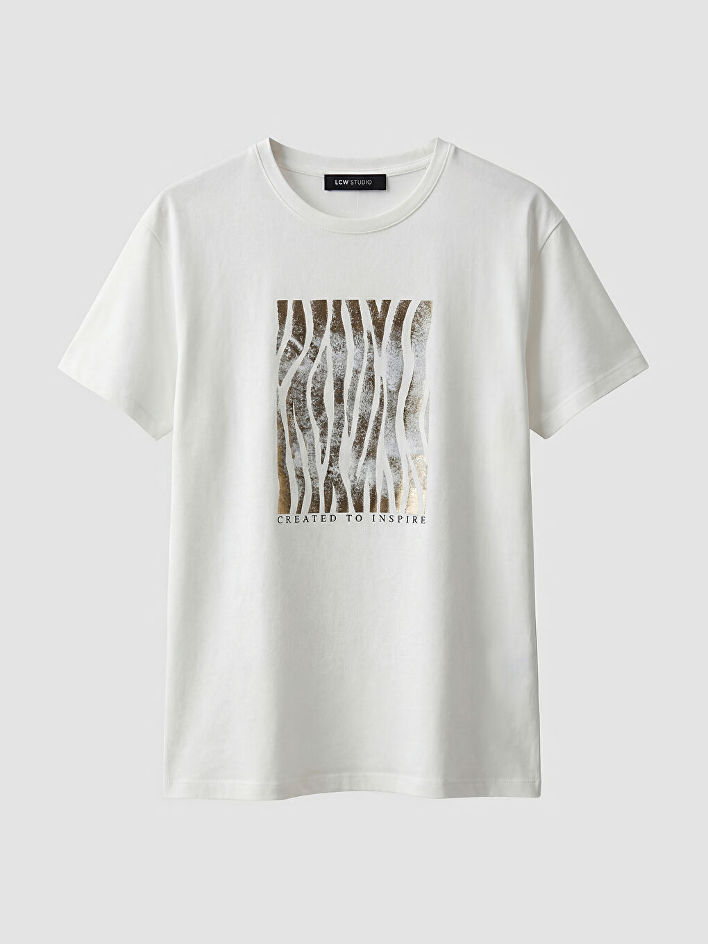 Ekru Bisiklet Yaka Baskılı Kadın Tişört