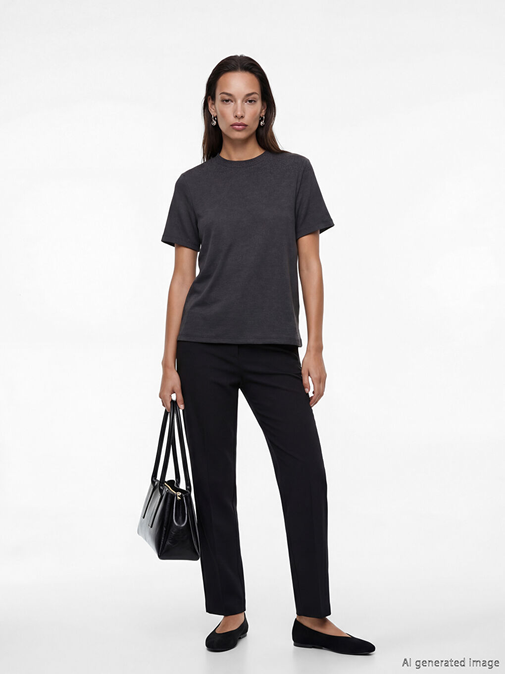 Antrasit Bisiklet Yaka Kadın Tişört-1