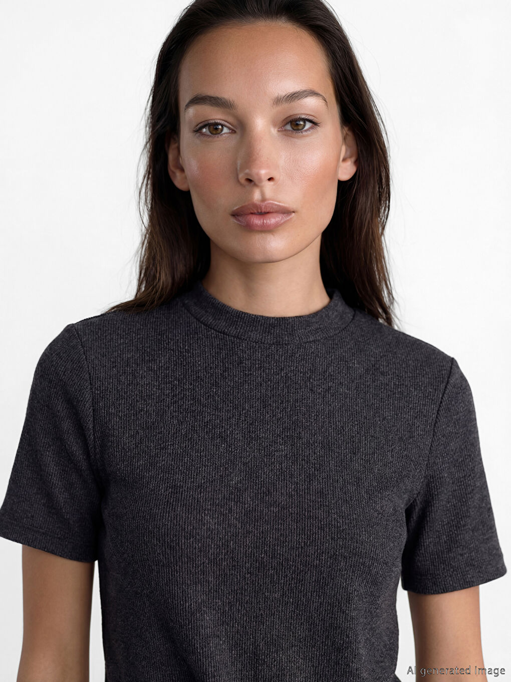 Antrasit Bisiklet Yaka Kadın Tişört-2