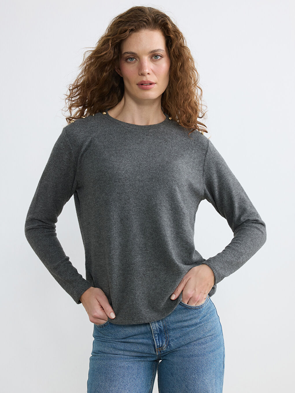 Antrasit Bisiklet Yaka Aplike Detaylı Bluz