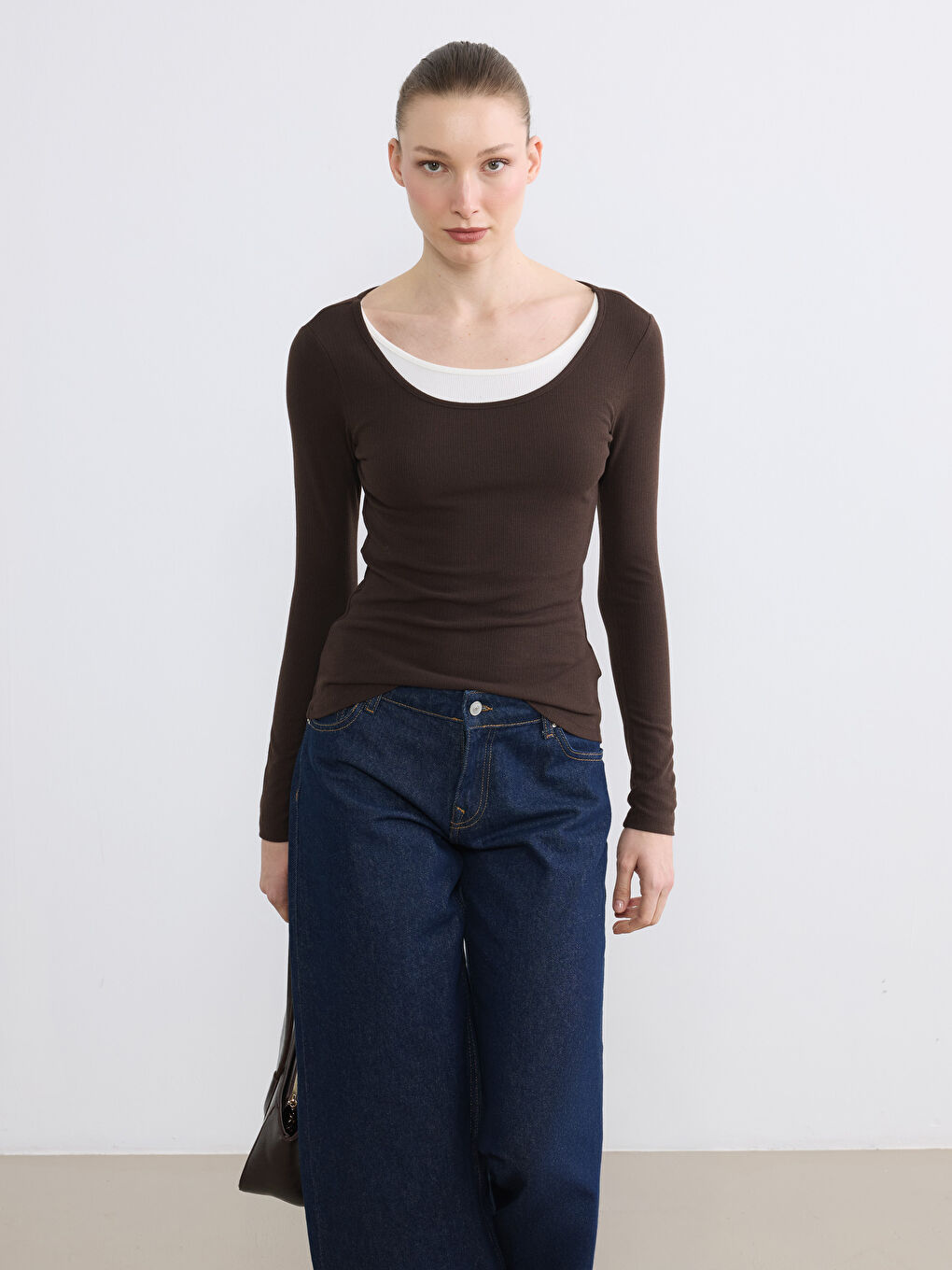 Kahverengi U Yaka Fitilli Kadın Body	