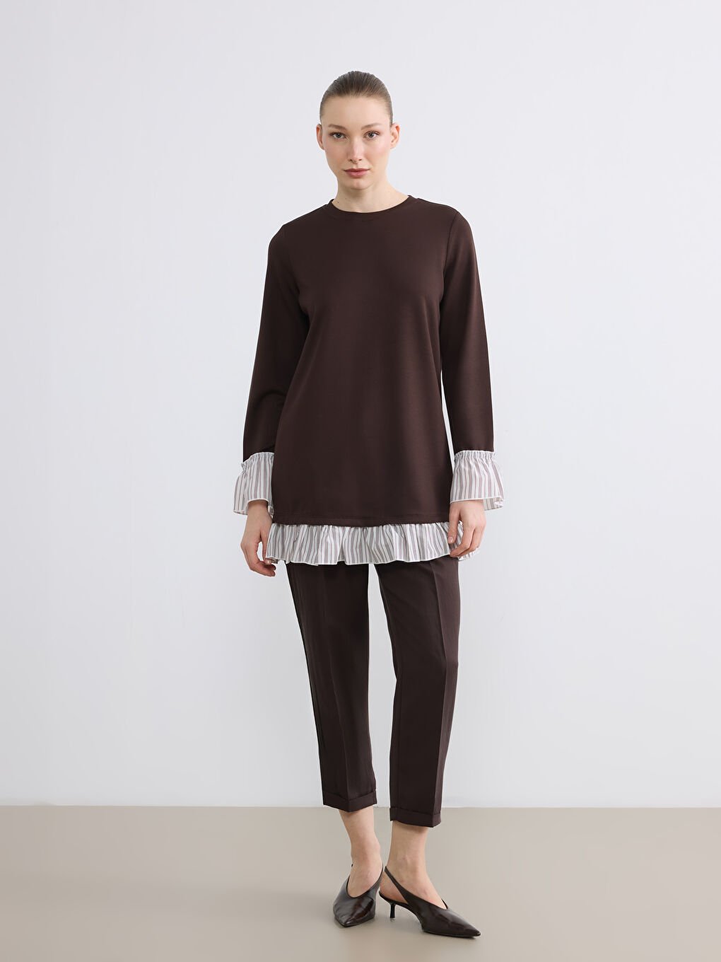 Kahverengi Bisiklet Yaka Soft Touch Kadın Tunik-1